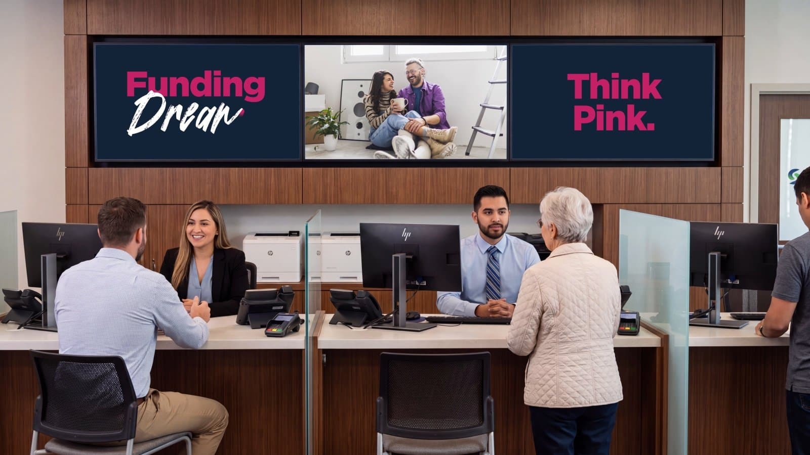 The branch screens running in situ — Funding Dreams, Think Pink