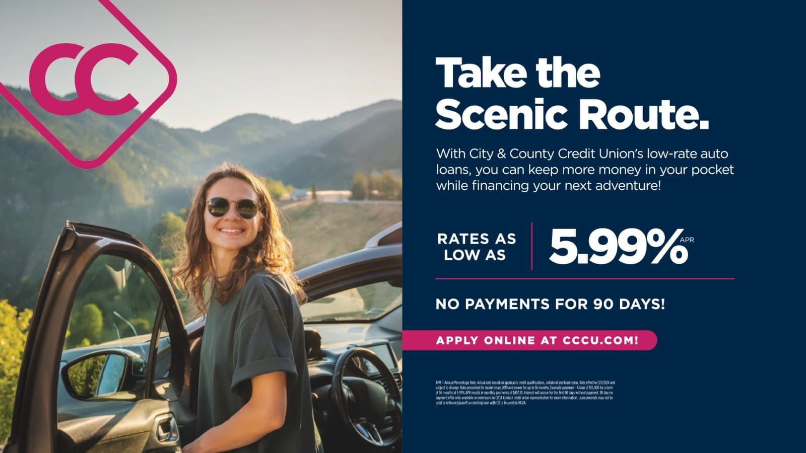 In branch promotional screen — Take the Scenic Route auto loan offer