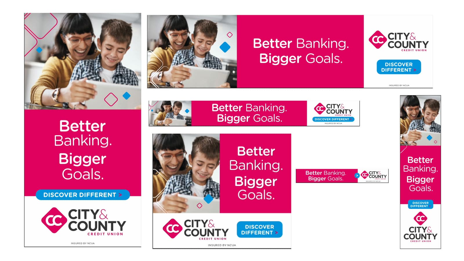 The Better Banking, Bigger Goals campaign built out across six display banner sizes