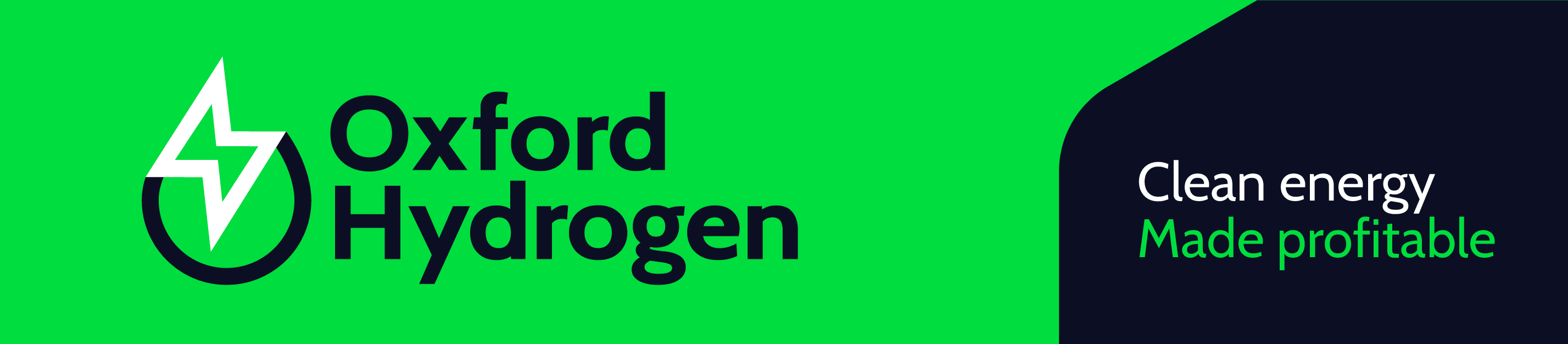 Wide banner: the Oxford Hydrogen logo on electric green, with 'Clean energy, made profitable' on a navy panel to the right