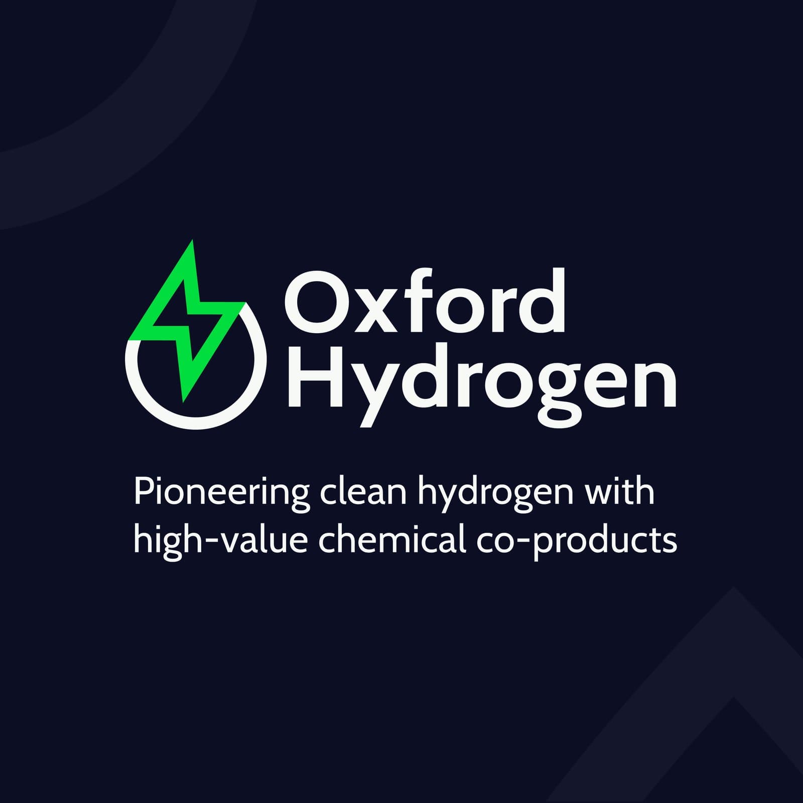 Launch graphic: the Oxford Hydrogen logo on navy above the line 'Pioneering clean hydrogen with high-value chemical co-products'