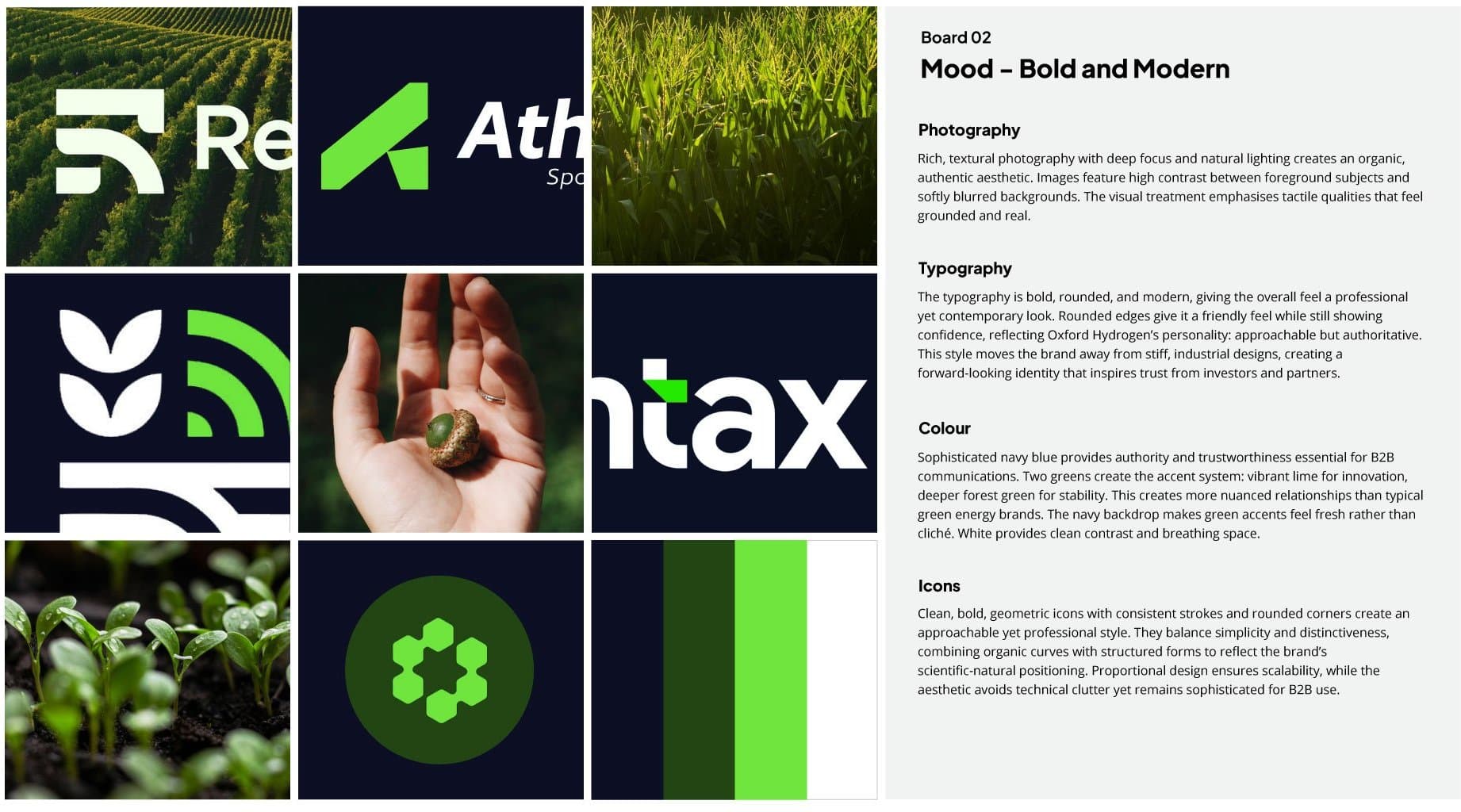A moodboard of bold, modern clean-energy branding — deep navy, electric green and natural photography