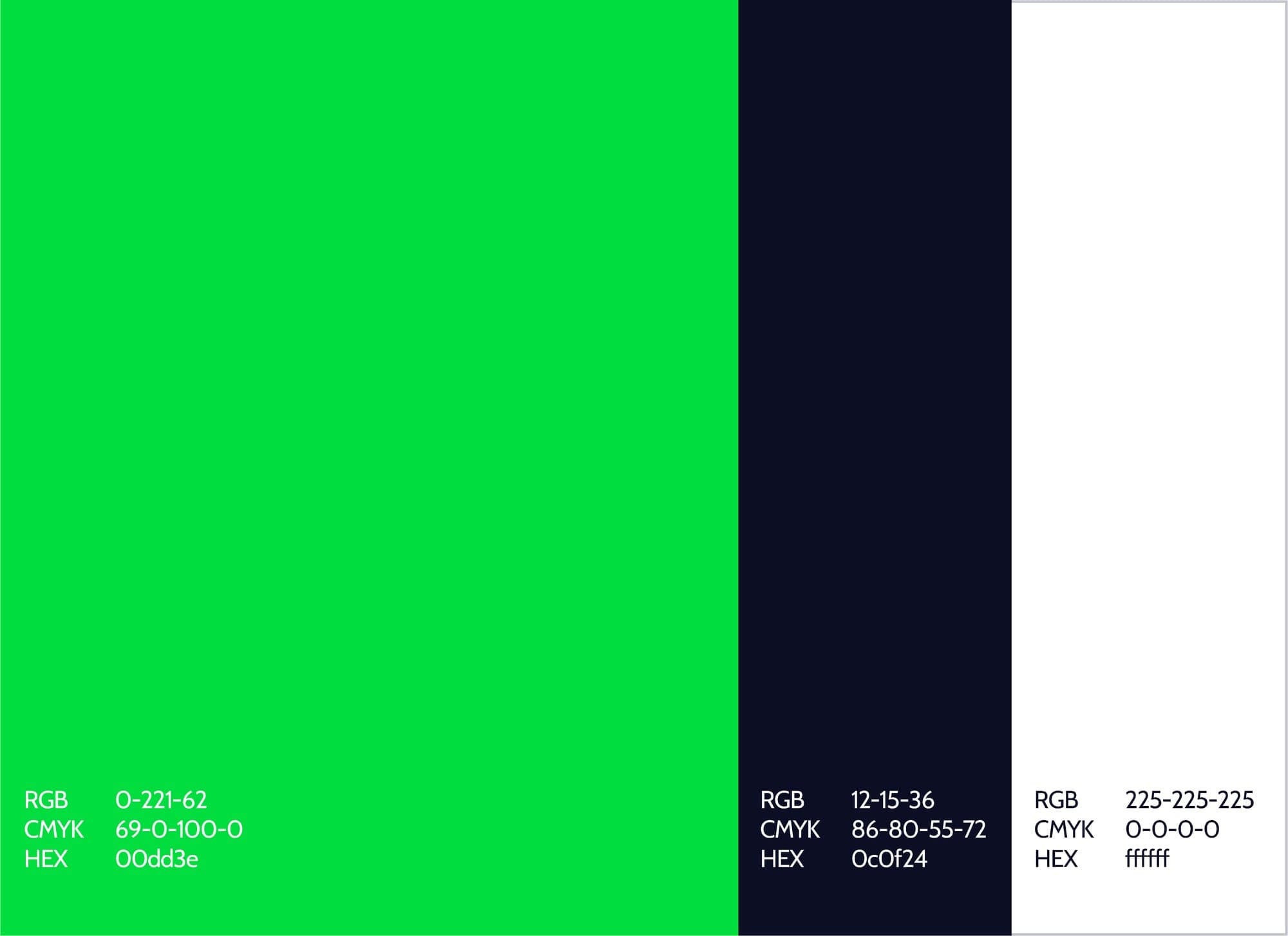 The Oxford Hydrogen palette: Hydrogen Green 00dd3e, Midnight Black 0c0f24 and pure white, with their RGB and CMYK values