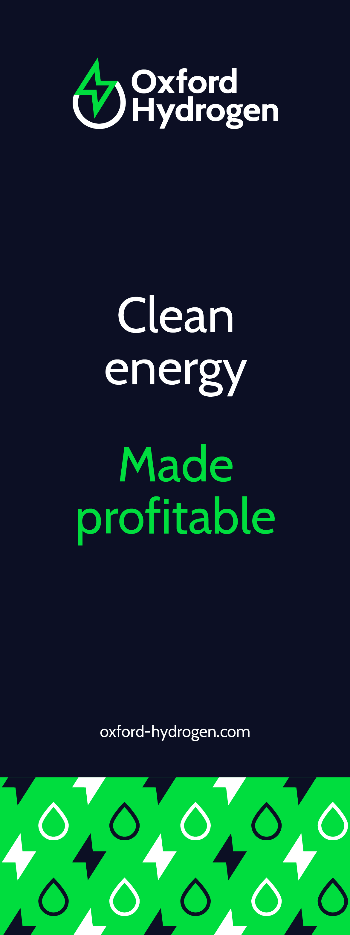 Roller banner: the Oxford Hydrogen logo on navy above 'Clean energy, made profitable', with a band of green droplet and lightning-bolt pattern at the foot