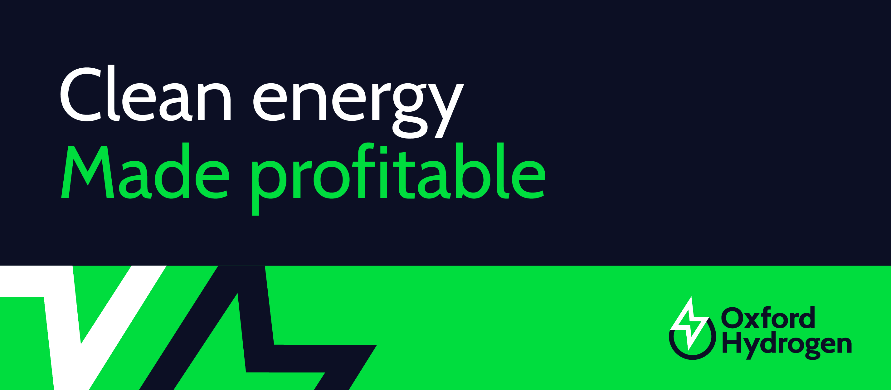 Sign: 'Clean energy, made profitable' in large type on navy, above a green band with the lightning bolt and the logo