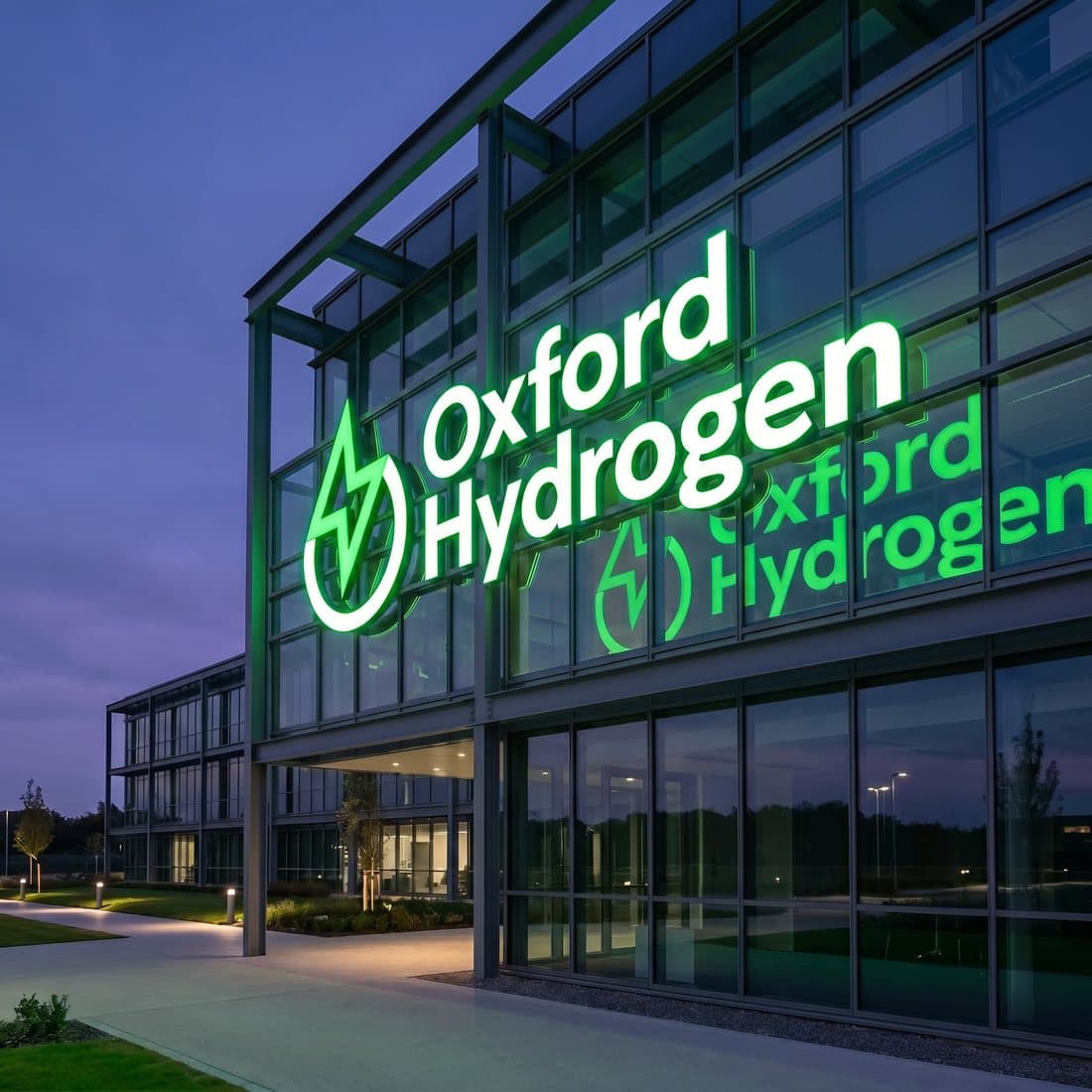The Oxford Hydrogen logo lit up on the glass facade of an office building at dusk